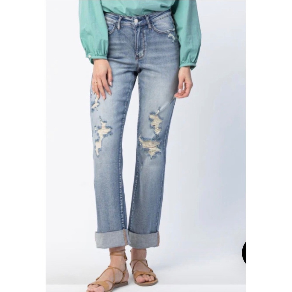 Judy Blue High Waist Boyfriend Jeans Double Cuff Frayed Hem Size 7/ 28